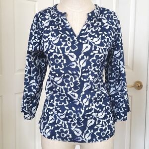 WESTBOUND Floral Navy Blue and White Cotton Blouse Peasant Top Boho